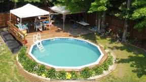 Semi inground pool installation and back yard landscaping project