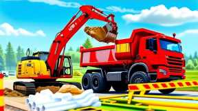 Cracked water pipe - Excavator, Dump Truck, Bulldozer - Water pipe Repair | 3D Construction Building